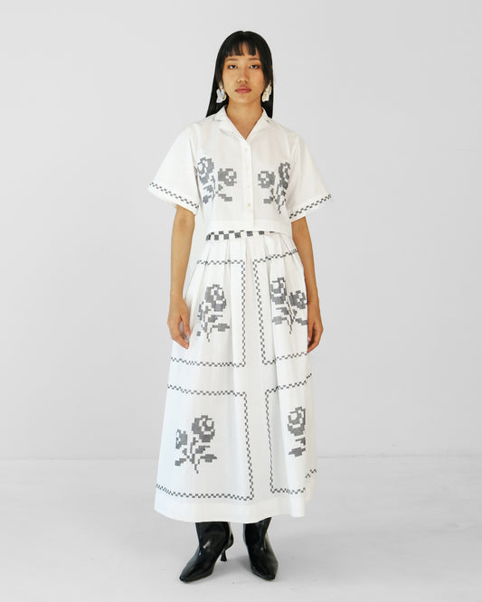 White Cross Stitch Embroidery Cotton Skirt Top Set of 2