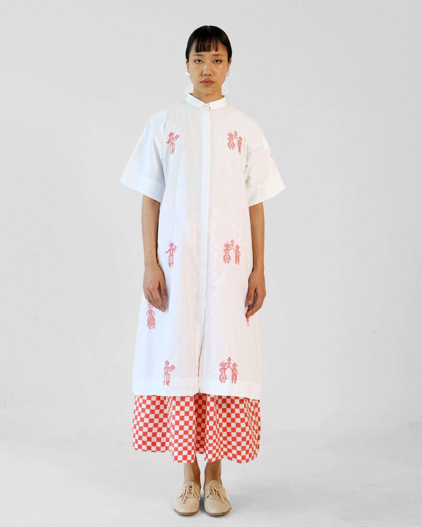 White and Red Cross Stitch Embroidery Cotton Shirt Skirt Set of 2