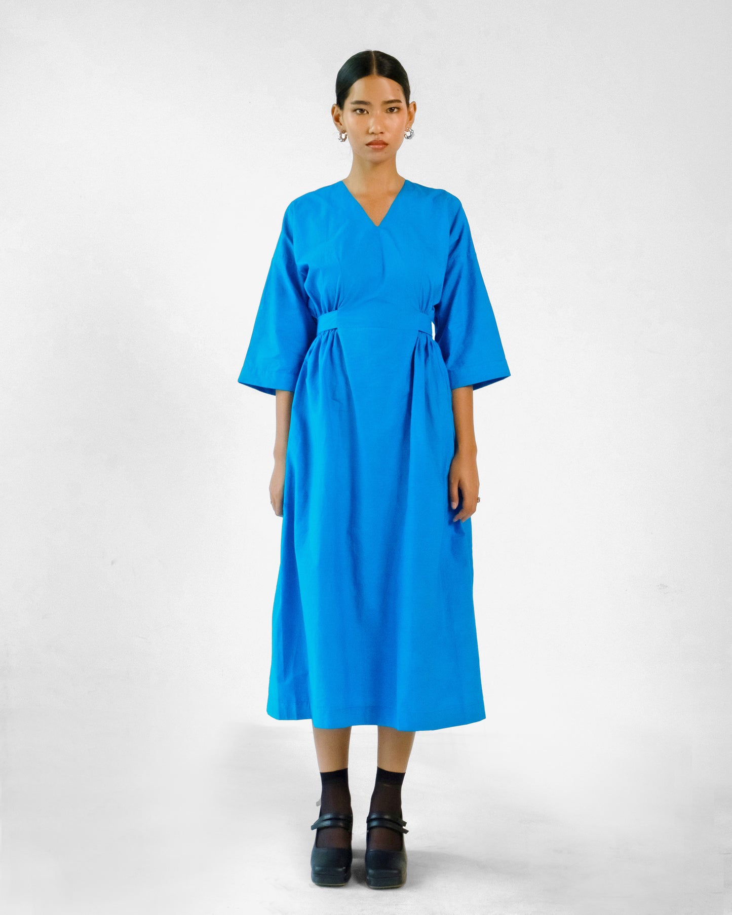 Blue Cotton Elastic Wasit Belt Dress