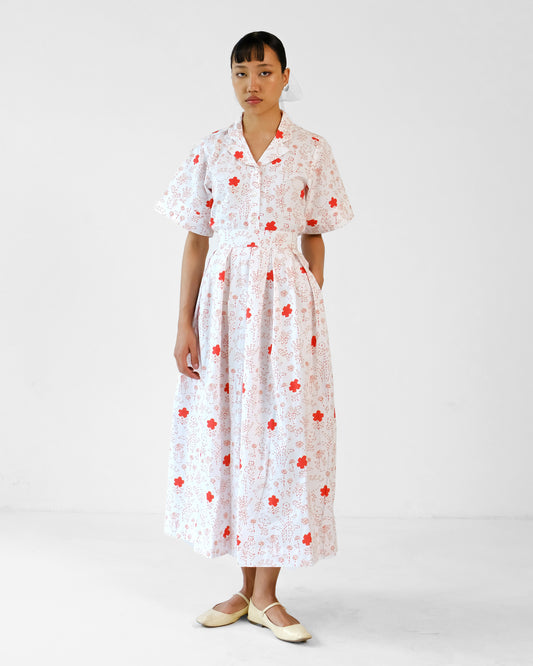 White and Red Printed Cotton Shirt Skirt Set of 2