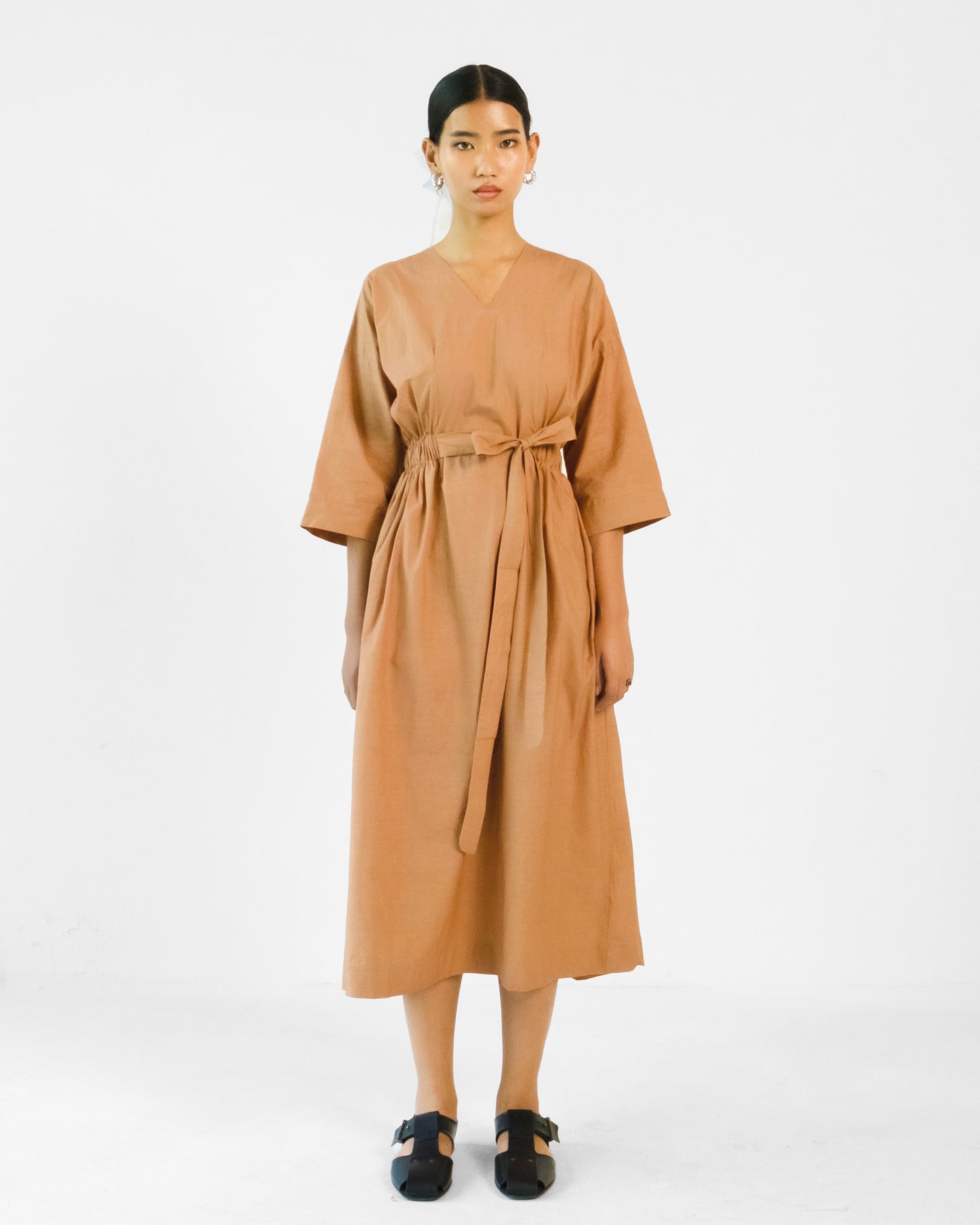 Brown Cotton Elastic Wasit Belt Dress