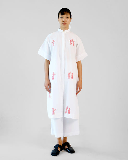 White and Red Cross Stitch Embroidery Cotton Shirt Pant Set of 2