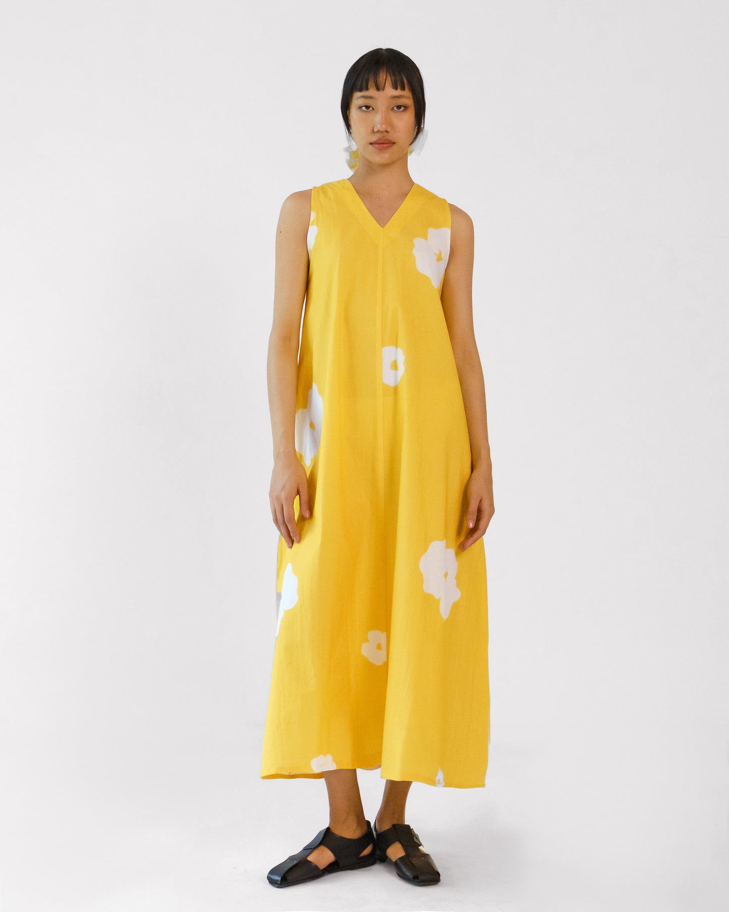Yellow Poppy Sleeveless V neck Cotton Dress