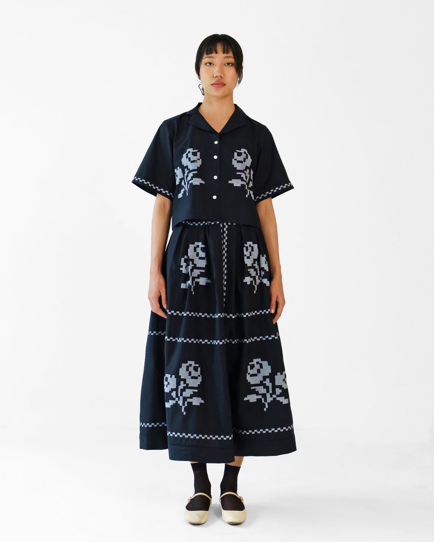 Black Cross Stitch Embroidery Cotton Skirt Top Set of 2