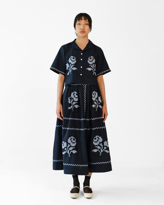 Black Cross Stitch Embroidery Cotton Skirt Top Set of 2