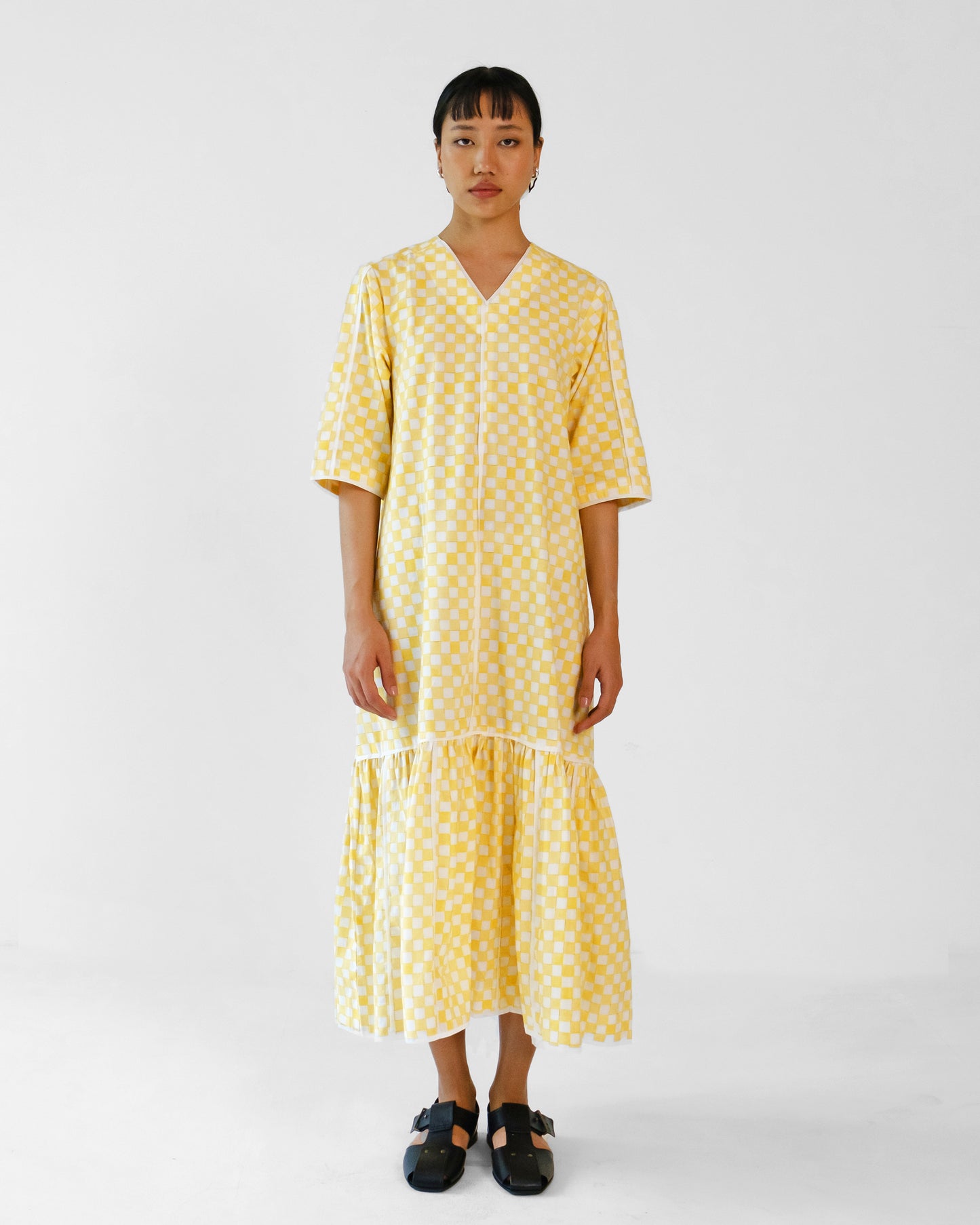 Yellow Checks Applique Cotton Dress