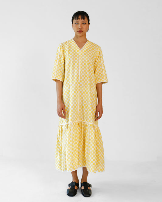 Yellow Checks Applique Cotton Dress