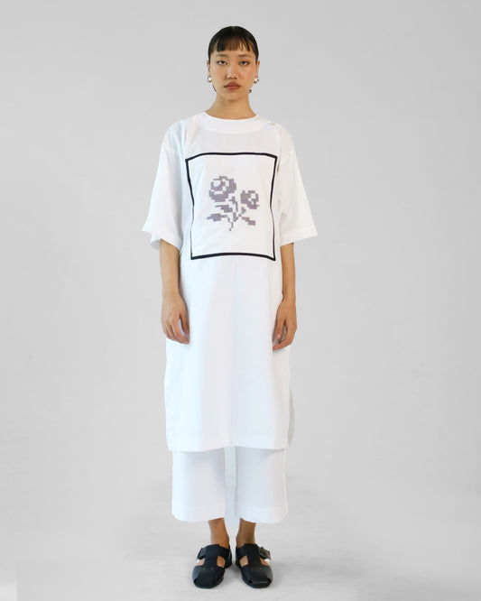 White and Black Cross Stitch Embroidery Cotton Shirt Pant Set of 2