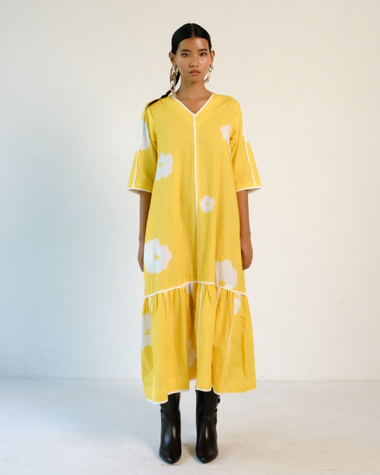 Yellow Poppy Applique Cotton Dress