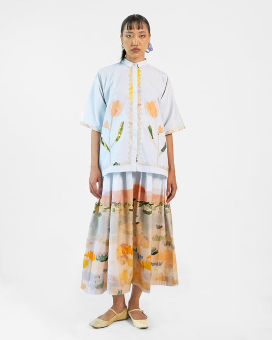 Abstract Print Applique Cotton Shirt Skirt Set of 2