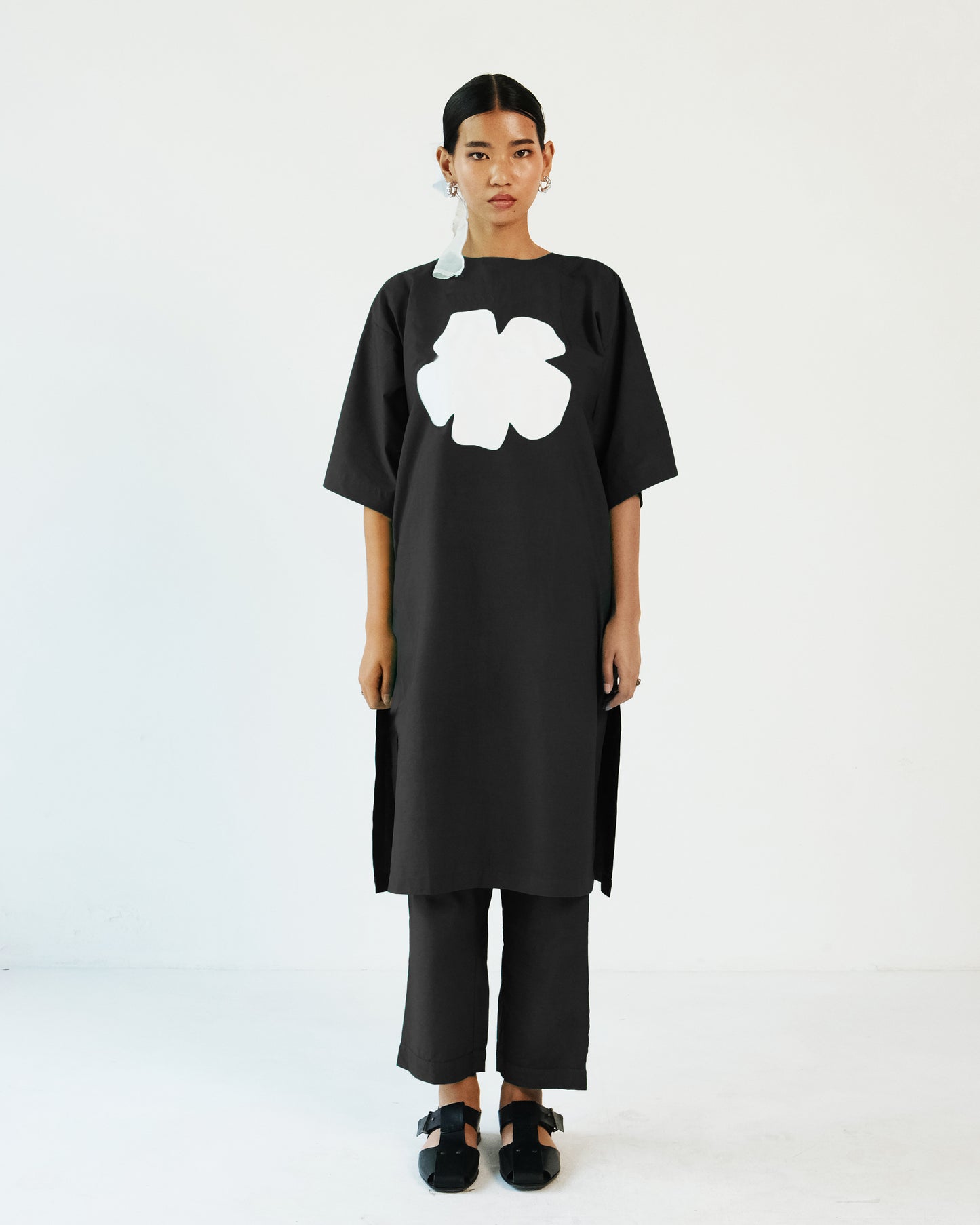 Black Applique Cotton Tunic Pant Set of 2