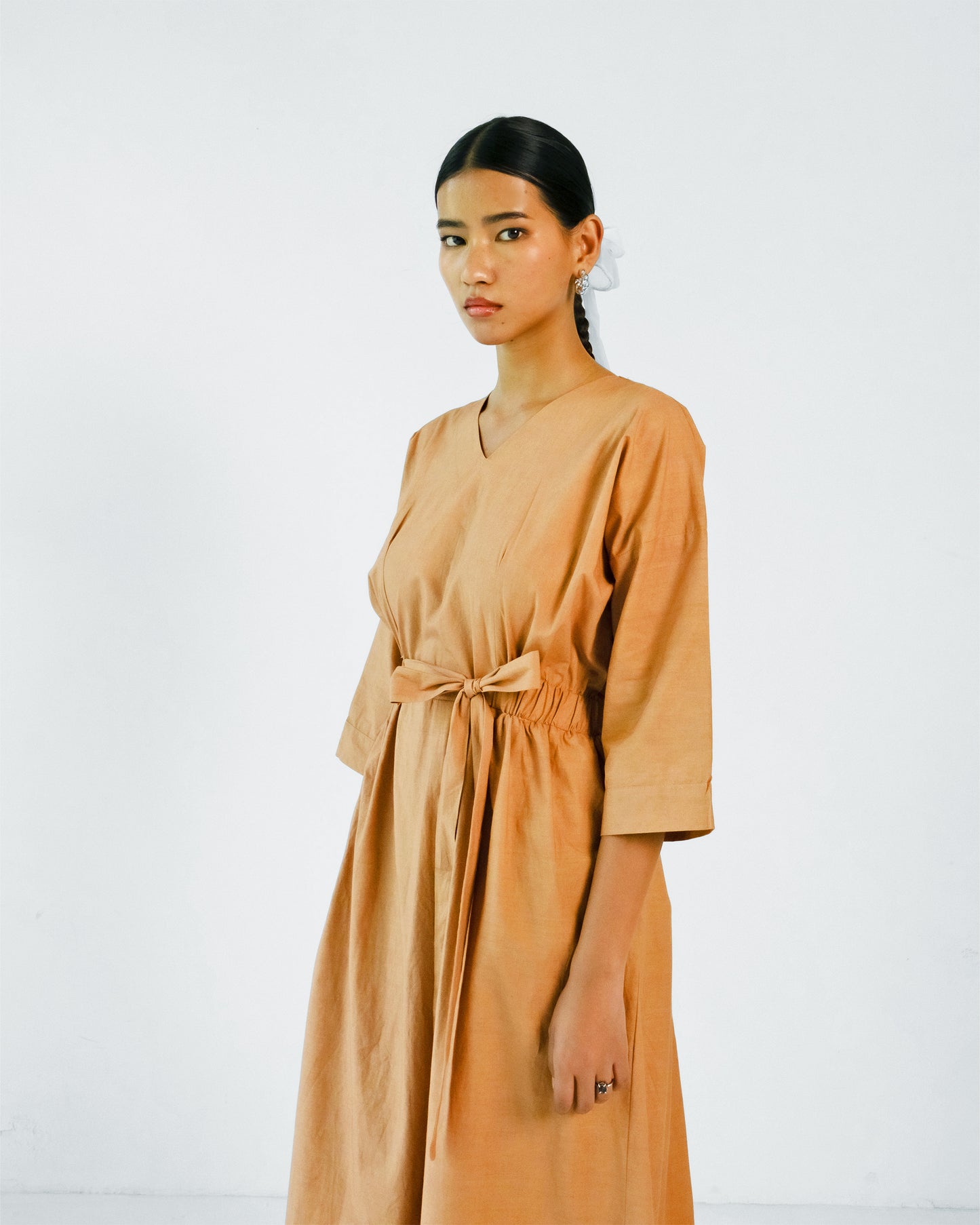 Brown Cotton Elastic Wasit Belt Dress