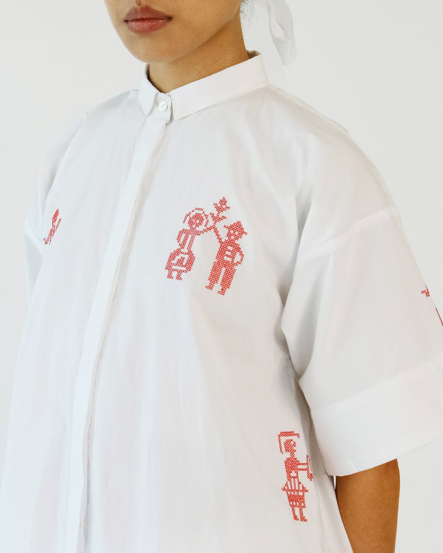 White and Red Cross Stitch Embroidery Cotton Shirt Skirt Set of 2