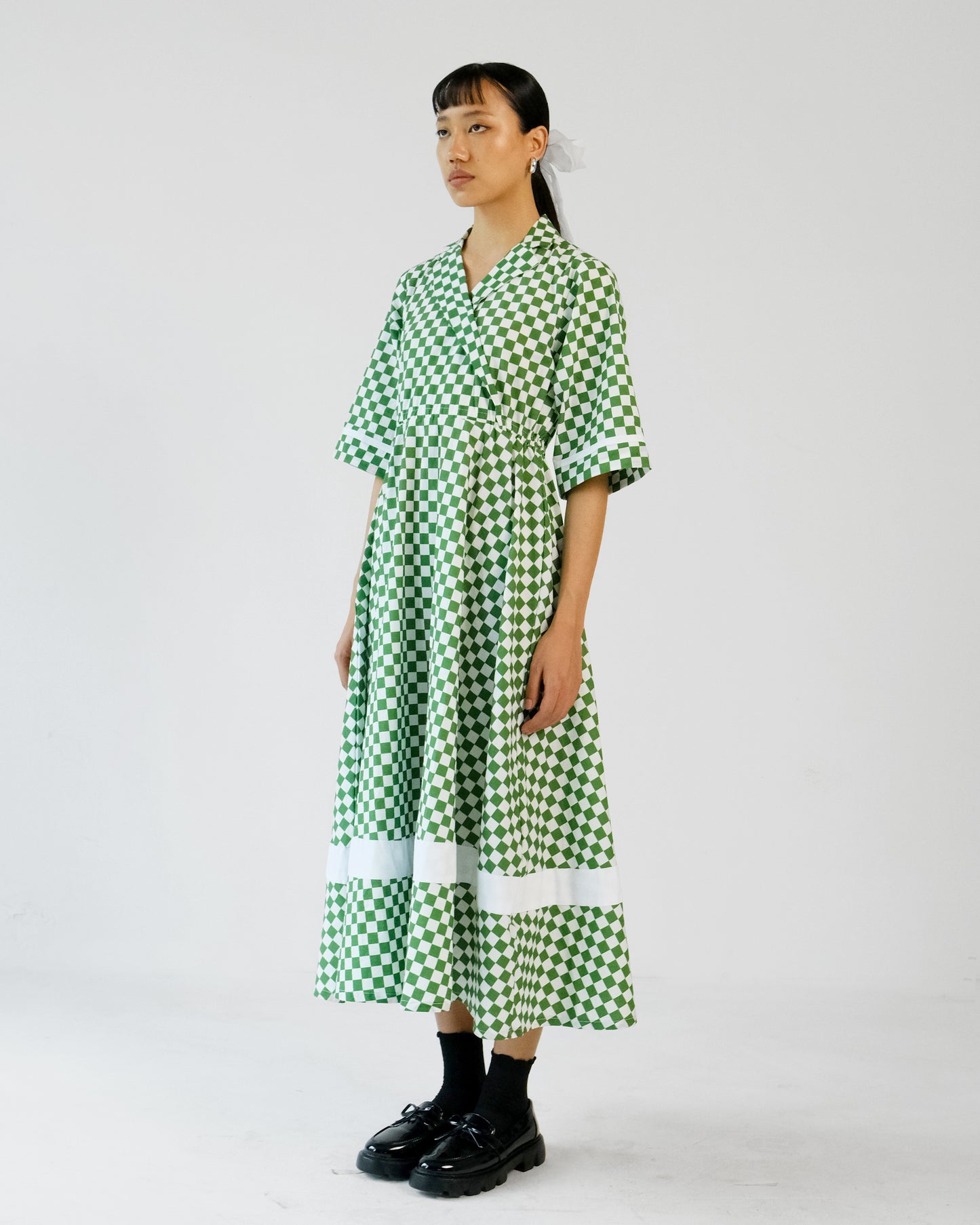 Green Checks Printed Cotton Cuban Collar Dress