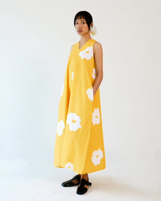 Yellow Poppy Sleeveless V neck Cotton Dress