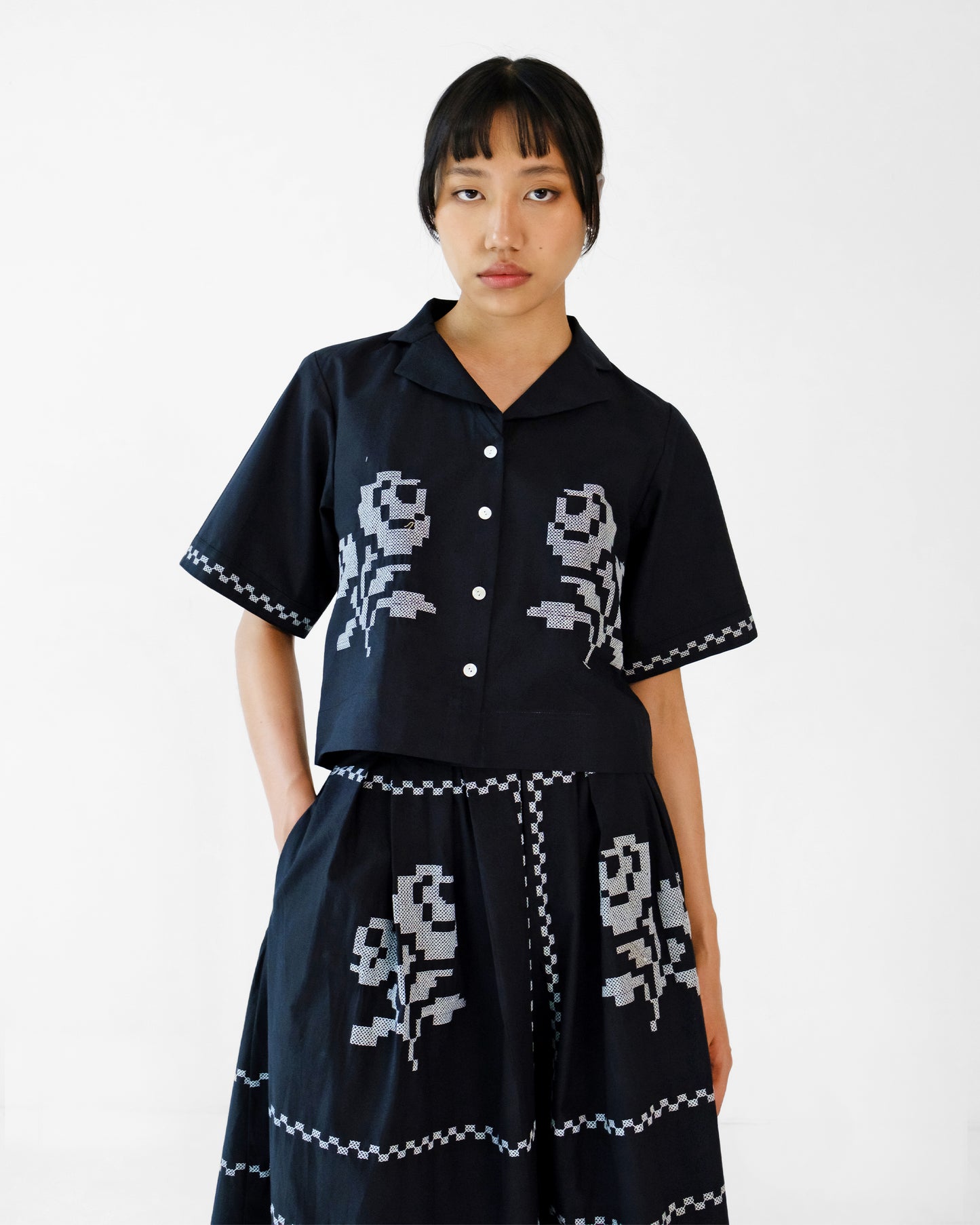 Black Cross Stitch Embroidery Cotton Skirt Top Set of 2