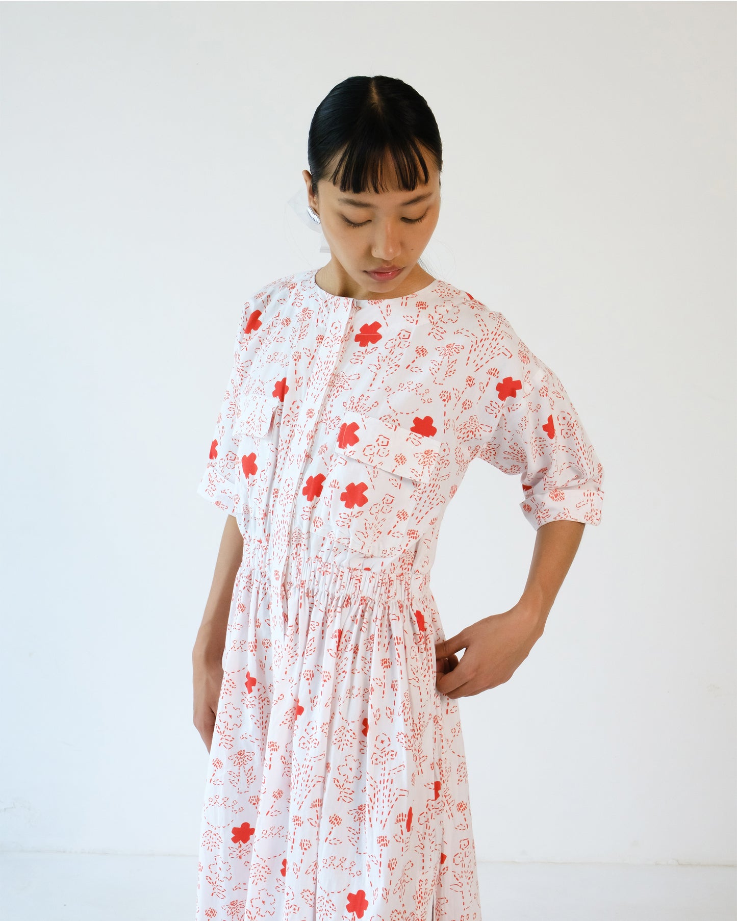 White and Red Printed Elastic Wasit Side Slit Cotton Dress