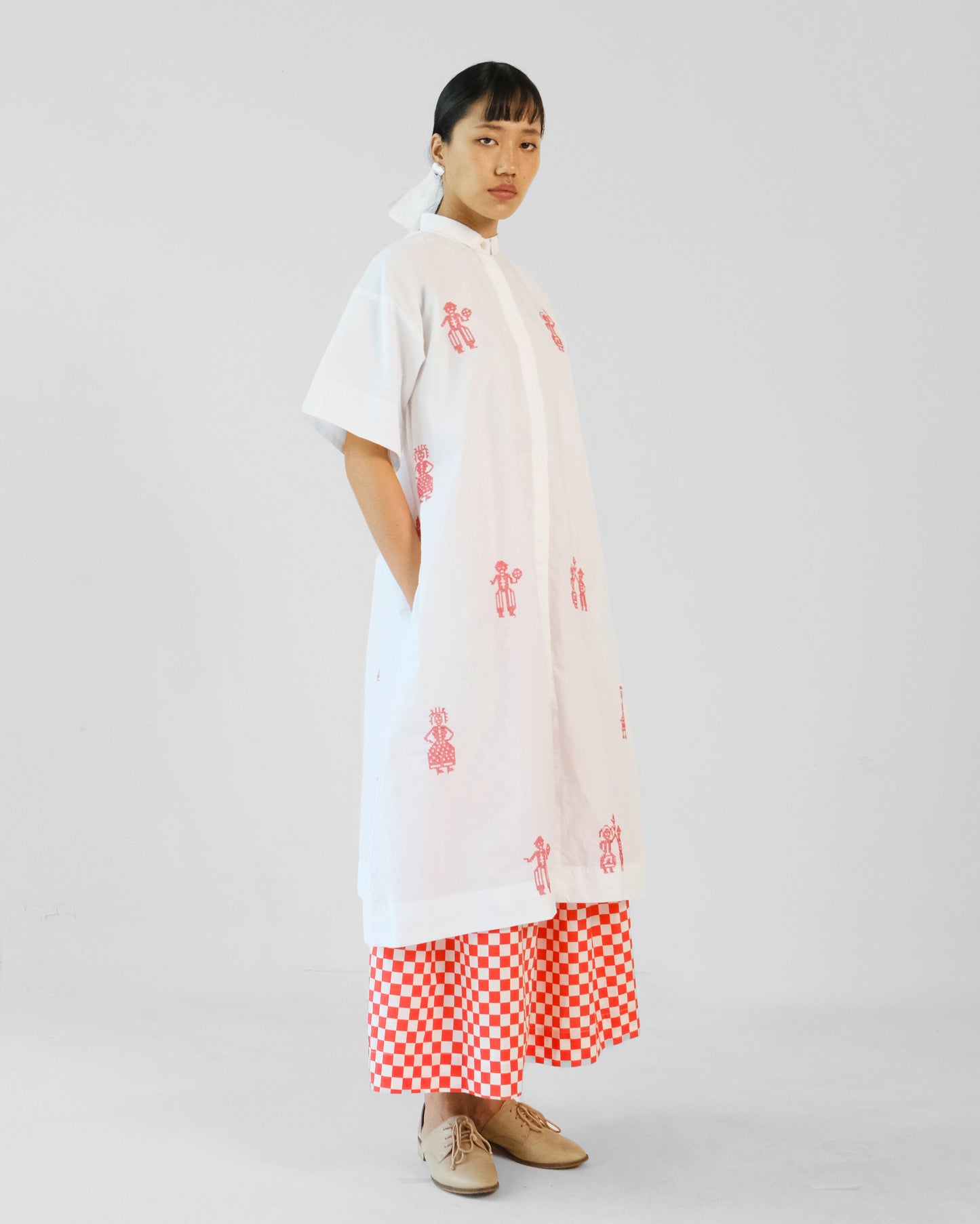 White and Red Cross Stitch Embroidery Cotton Shirt Skirt Set of 2