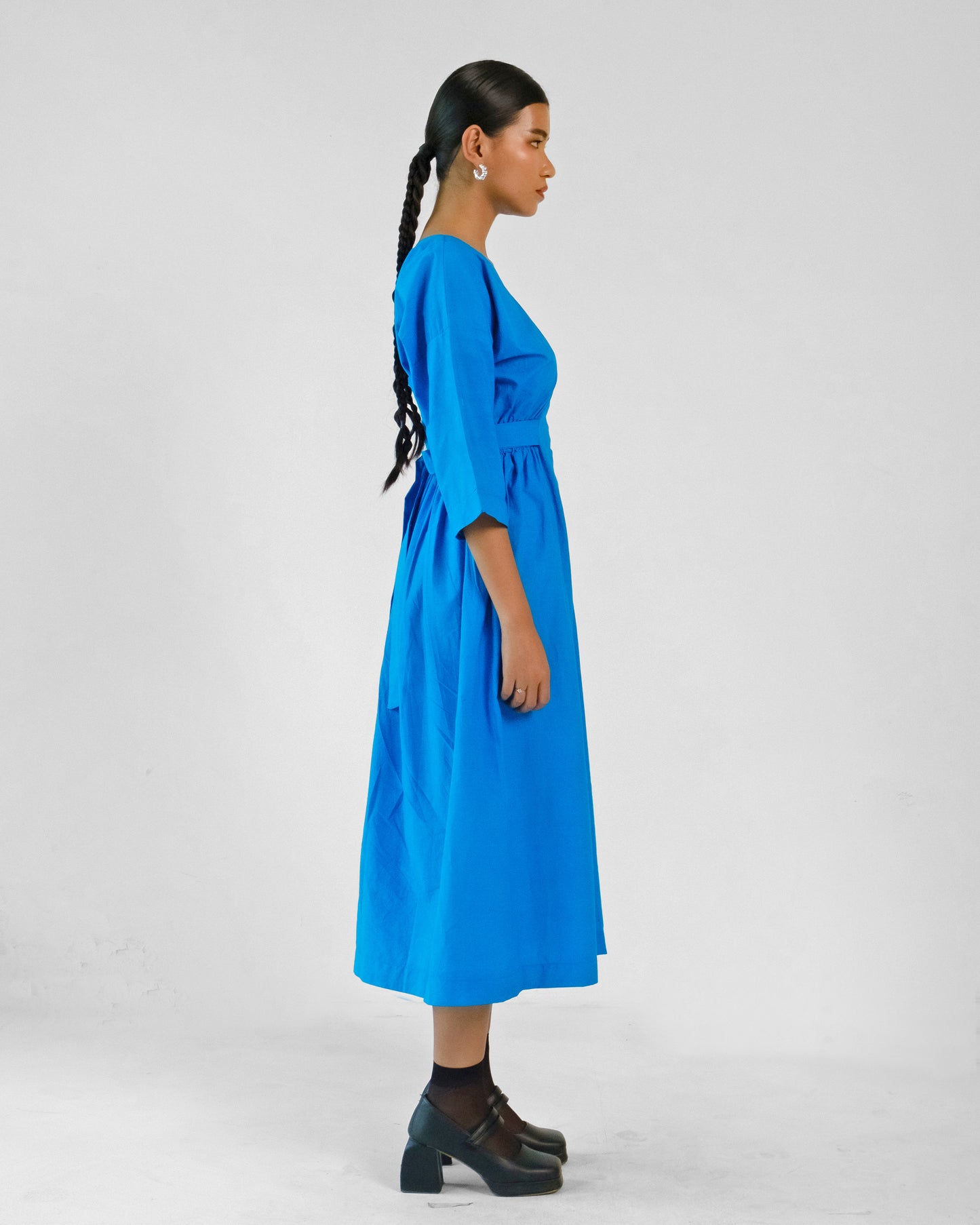 Blue Cotton Elastic Wasit Belt Dress