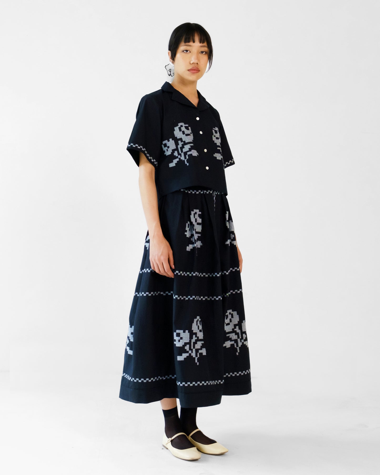 Black Cross Stitch Embroidery Cotton Skirt Top Set of 2