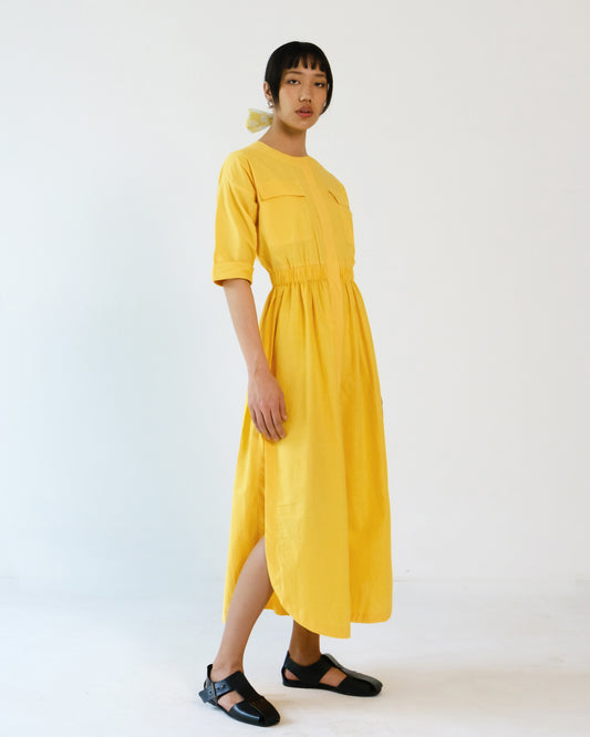Yellow Elastic Wasit Side Slit Cotton Dress