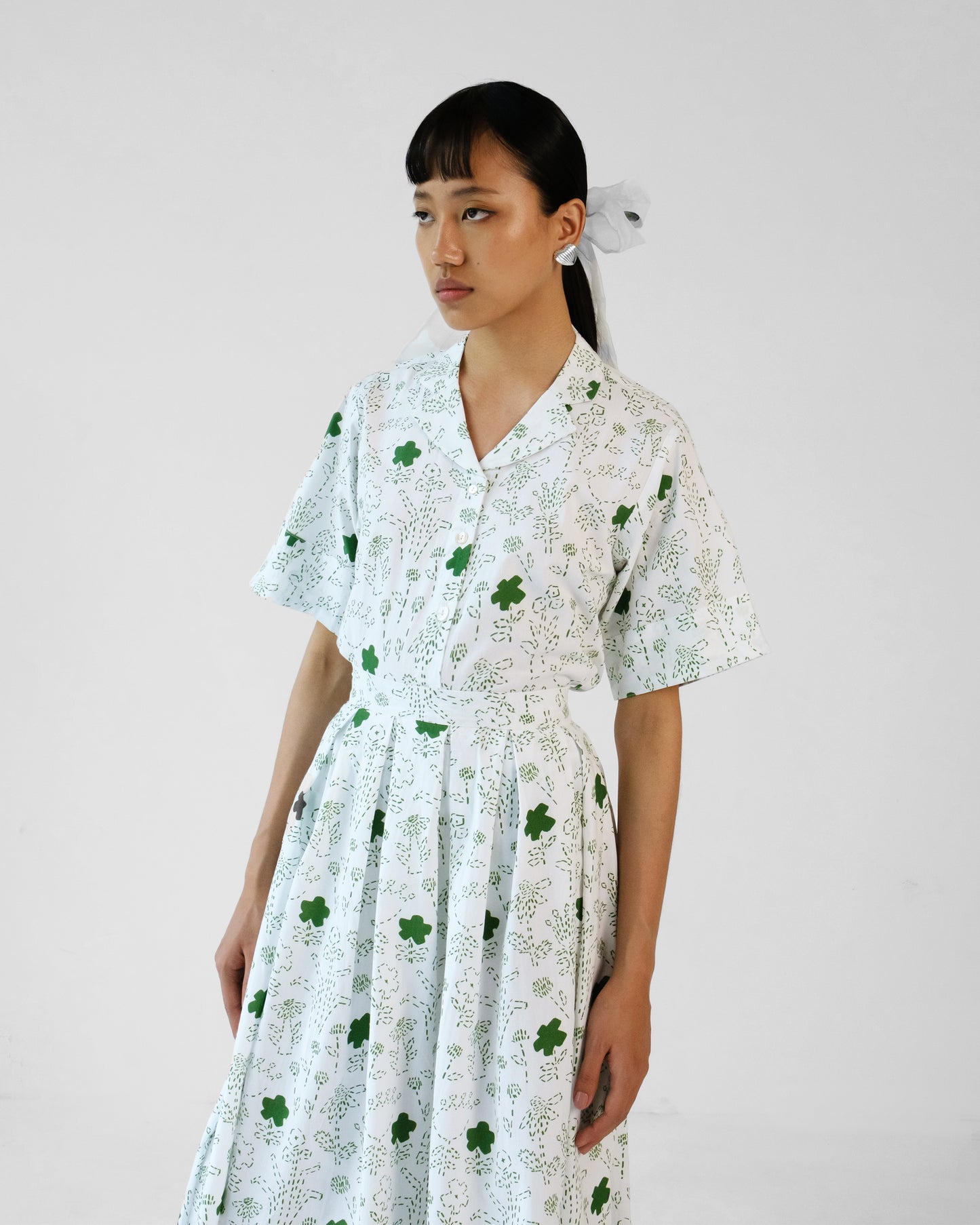 White and Green Printed Cotton Shirt Skirt Set of 2