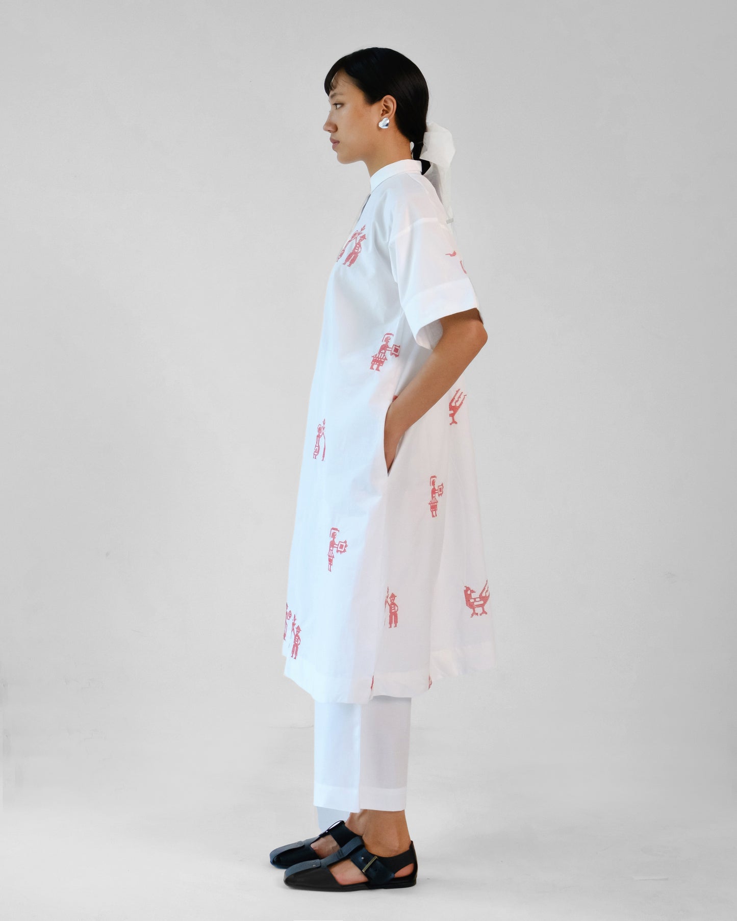 White and Red Cross Stitch Embroidery Cotton Shirt Pant Set of 2