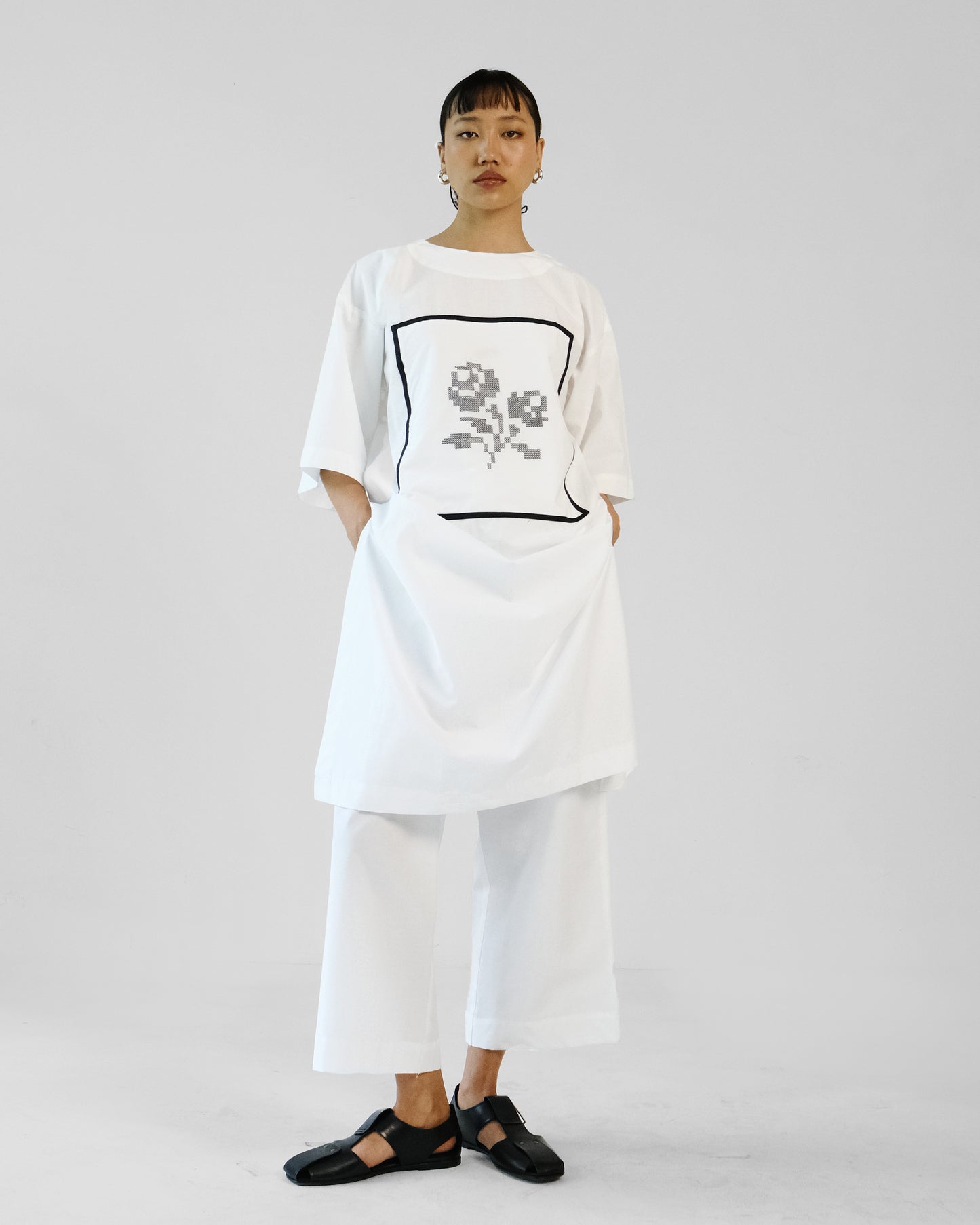 White and Black Cross Stitch Embroidery Cotton Shirt Pant Set of 2