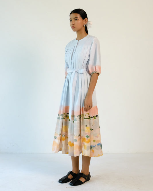 Abstract Print pleated Cotton Belt Dress