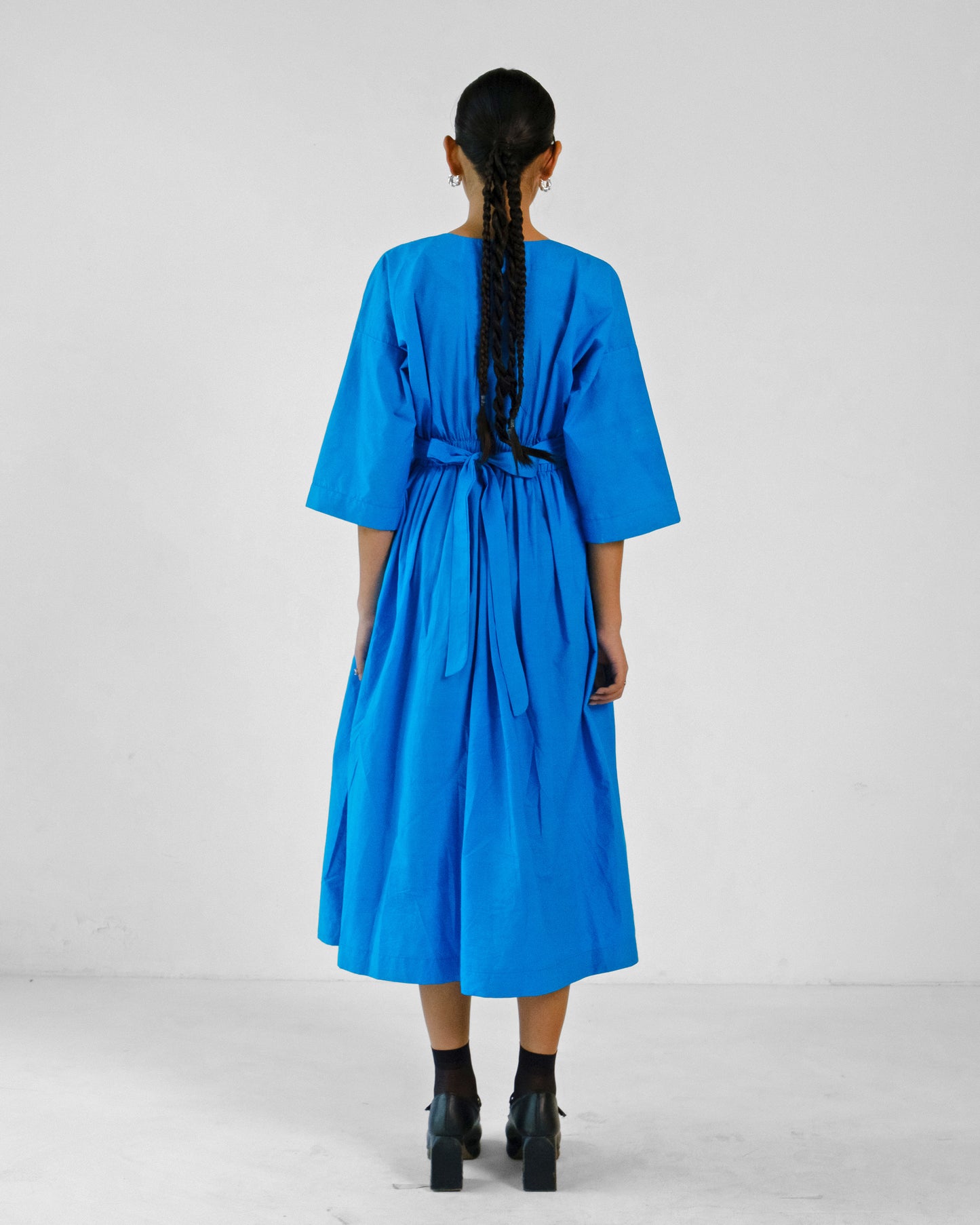 Blue Cotton Elastic Wasit Belt Dress