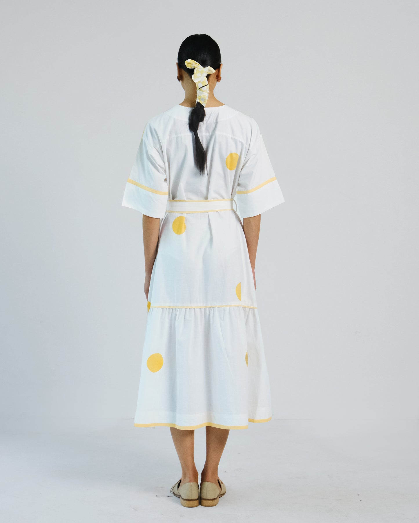 White Yellow Hand block Polka Cotton Belt Dress