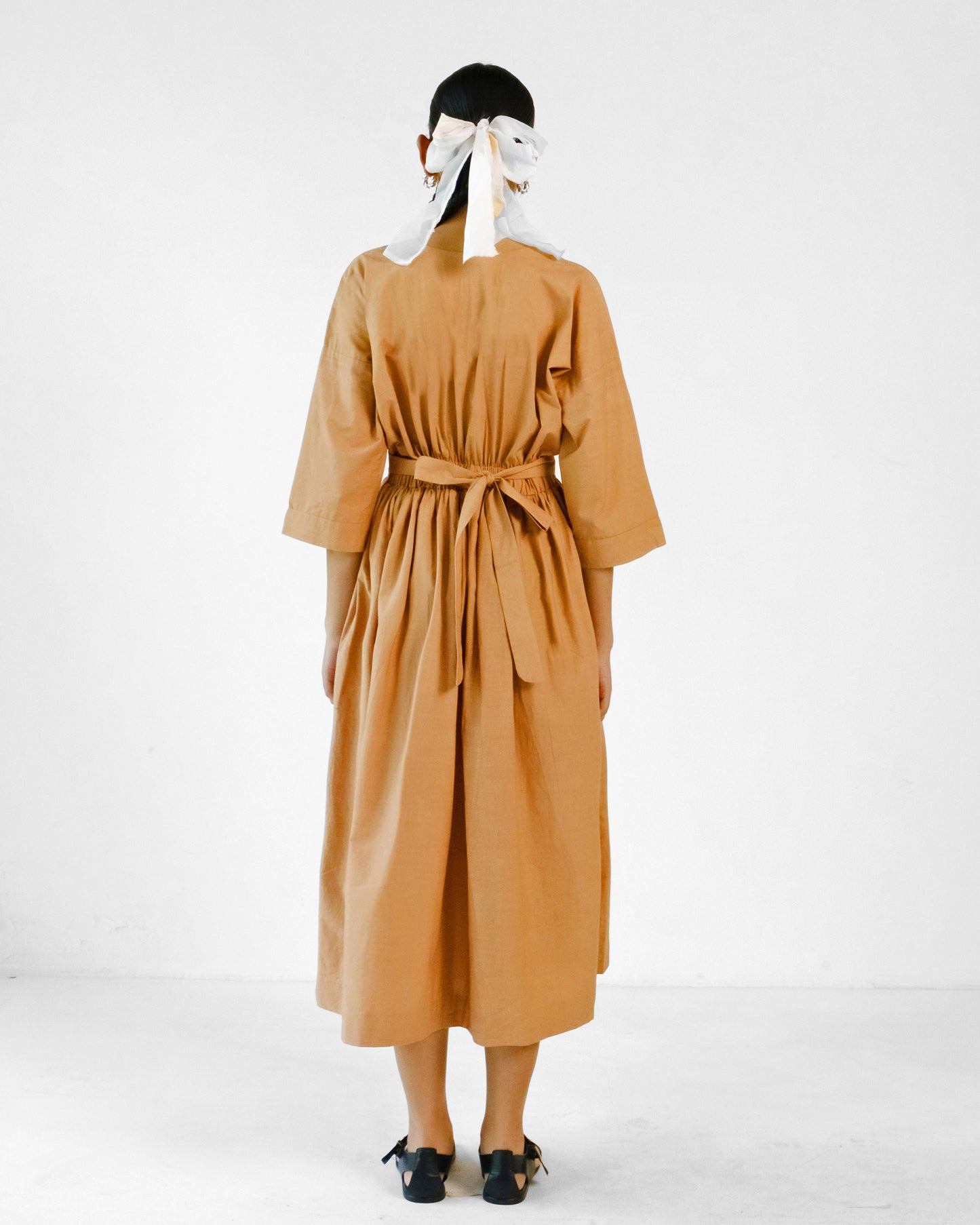 Brown Cotton Elastic Wasit Belt Dress