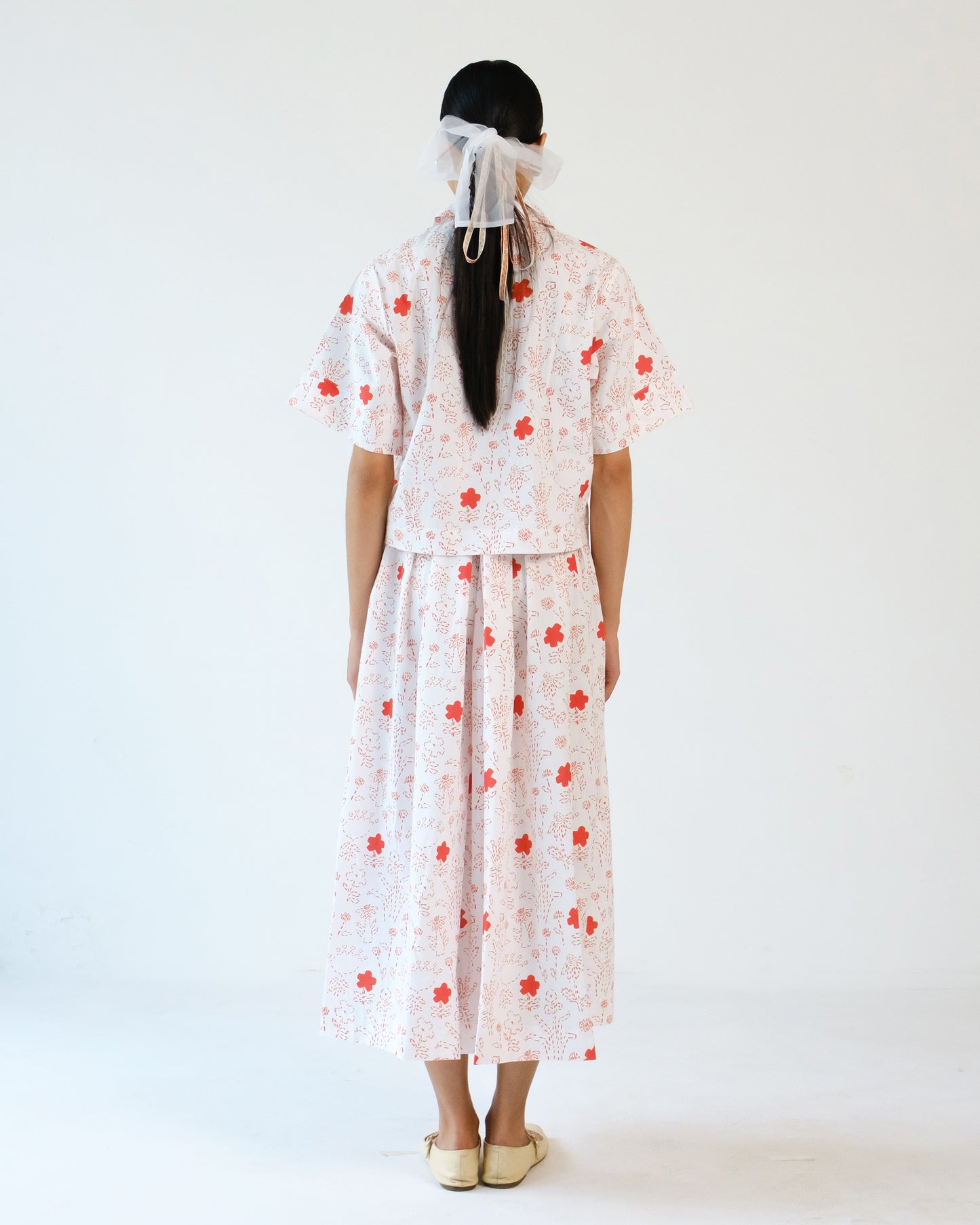 White and Red Printed Cotton Shirt Skirt Set of 2