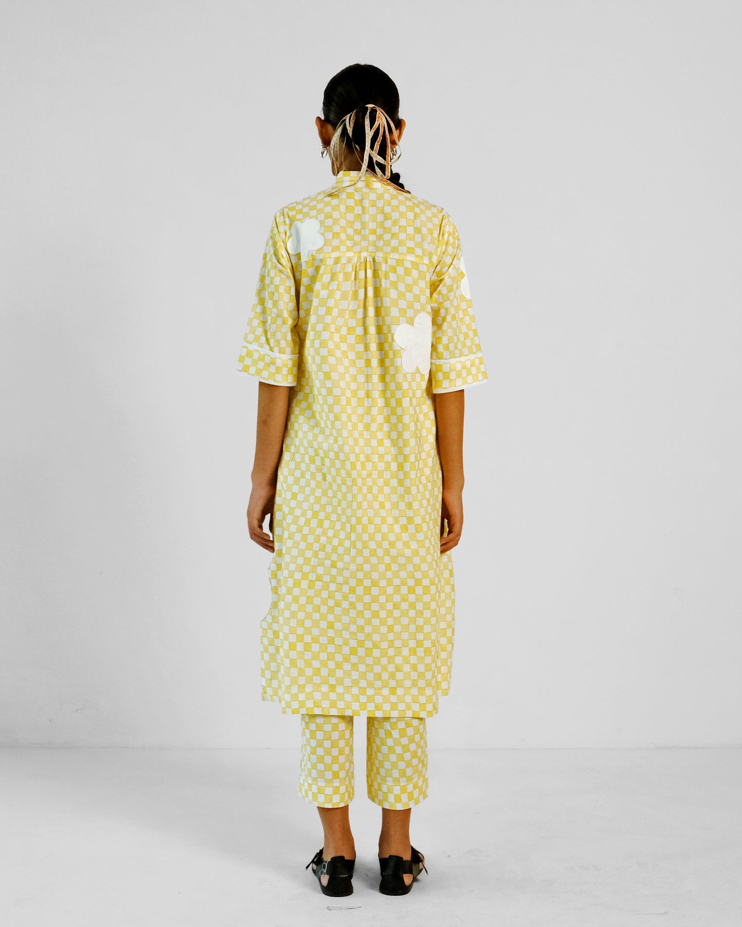 Yellow Checks Applique Cotton Shirt Pant Set of 2