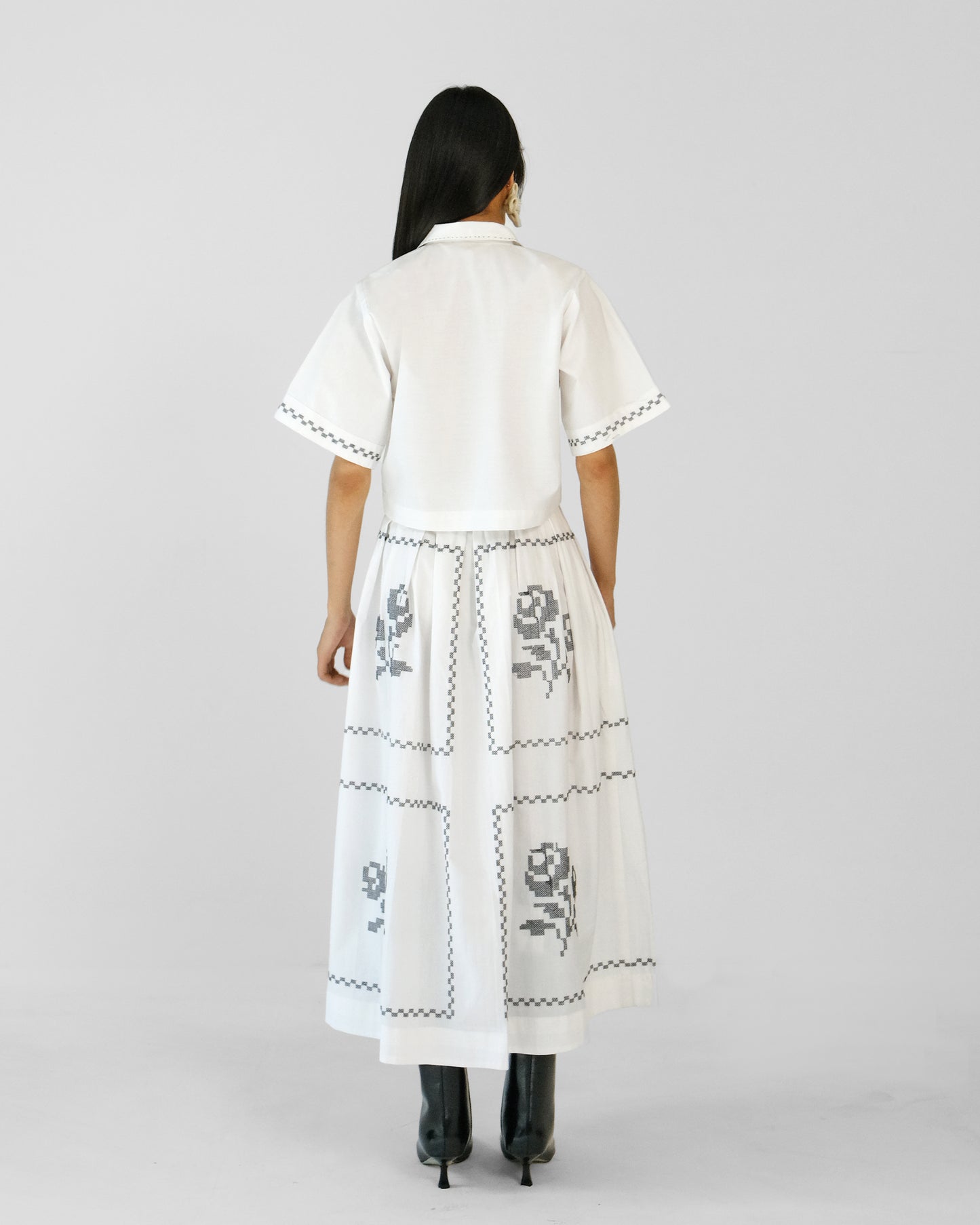 White Cross Stitch Embroidery Cotton Skirt Top Set of 2