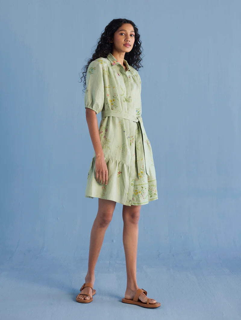 Sia Hand-Embroidered Floral Dress - Mint