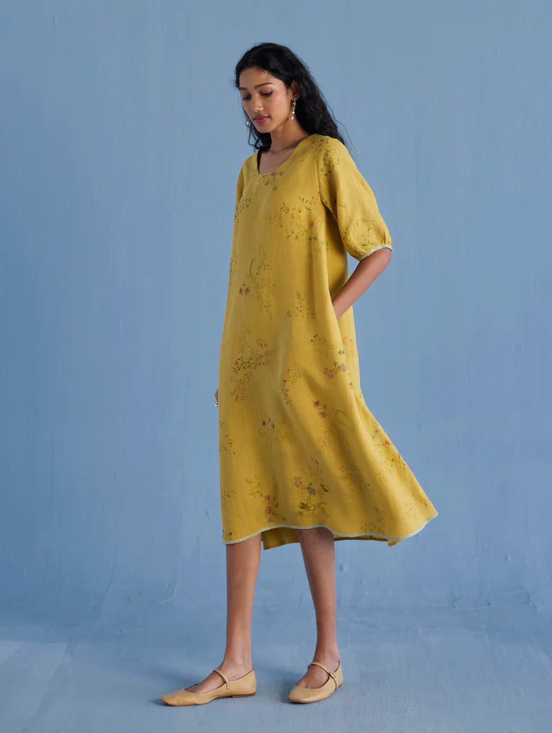 Nami Floral Printed Linen Dress - Ochre