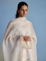 Aneya Patchwork Floral Linen Kurta Set - White (With Dupatta)