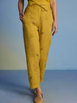 Aneya Patchwork Floral Linen Kurta Set - Ochre (With Dupatta)