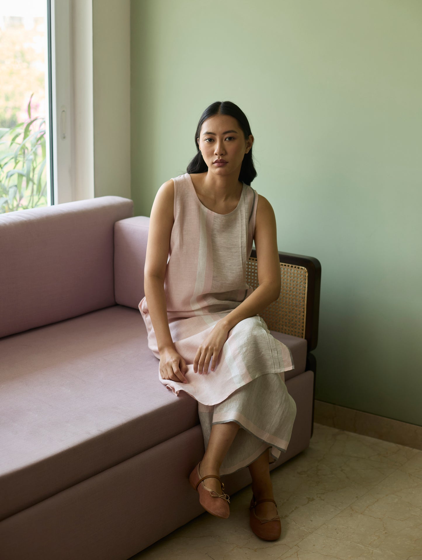 Yara Sleeveless Border Linen Kurta Set - Blush