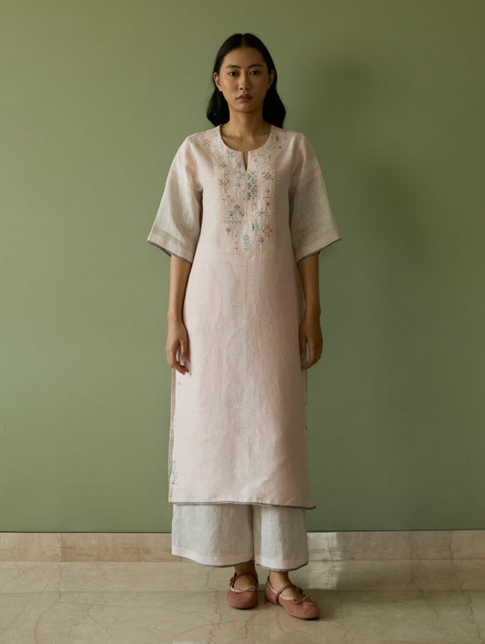 Vira Hand-Emboidered Linen Kurta Set - Blush
