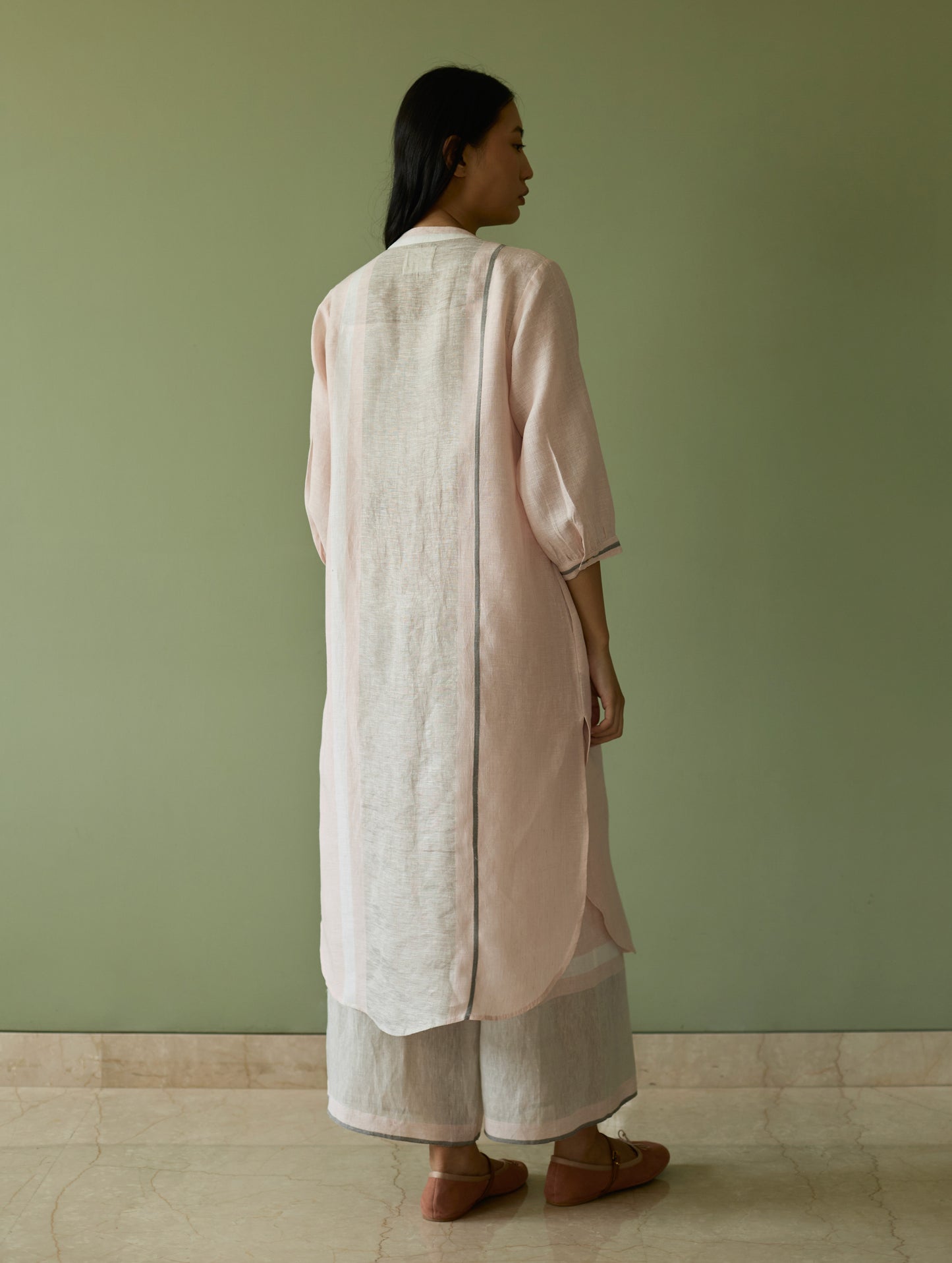 Mori Border Linen Shirt Kurta Set - Blush