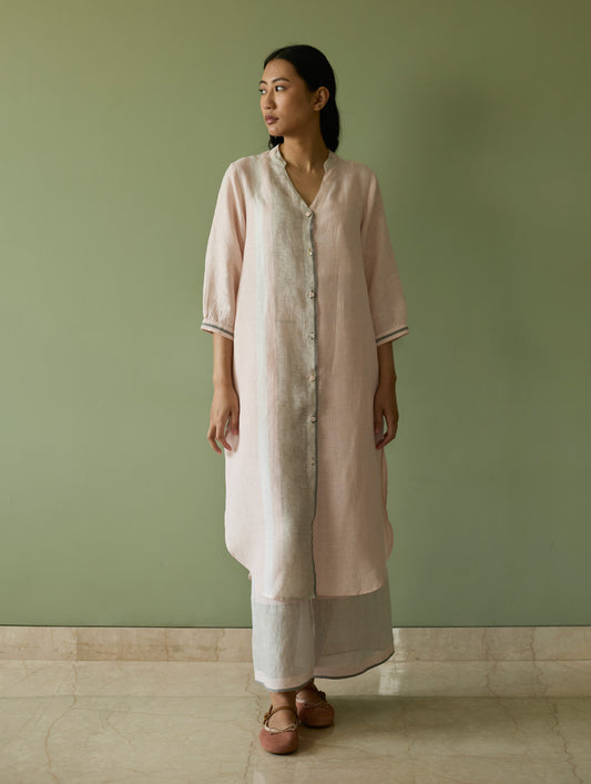 Mori Border Linen Shirt Kurta Set - Blush