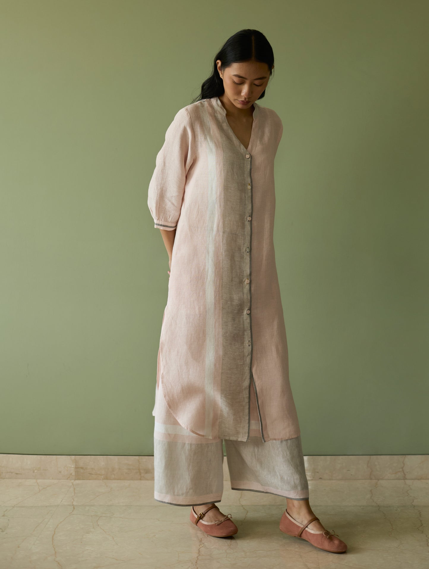 Mori Border Linen Shirt Kurta Set - Blush