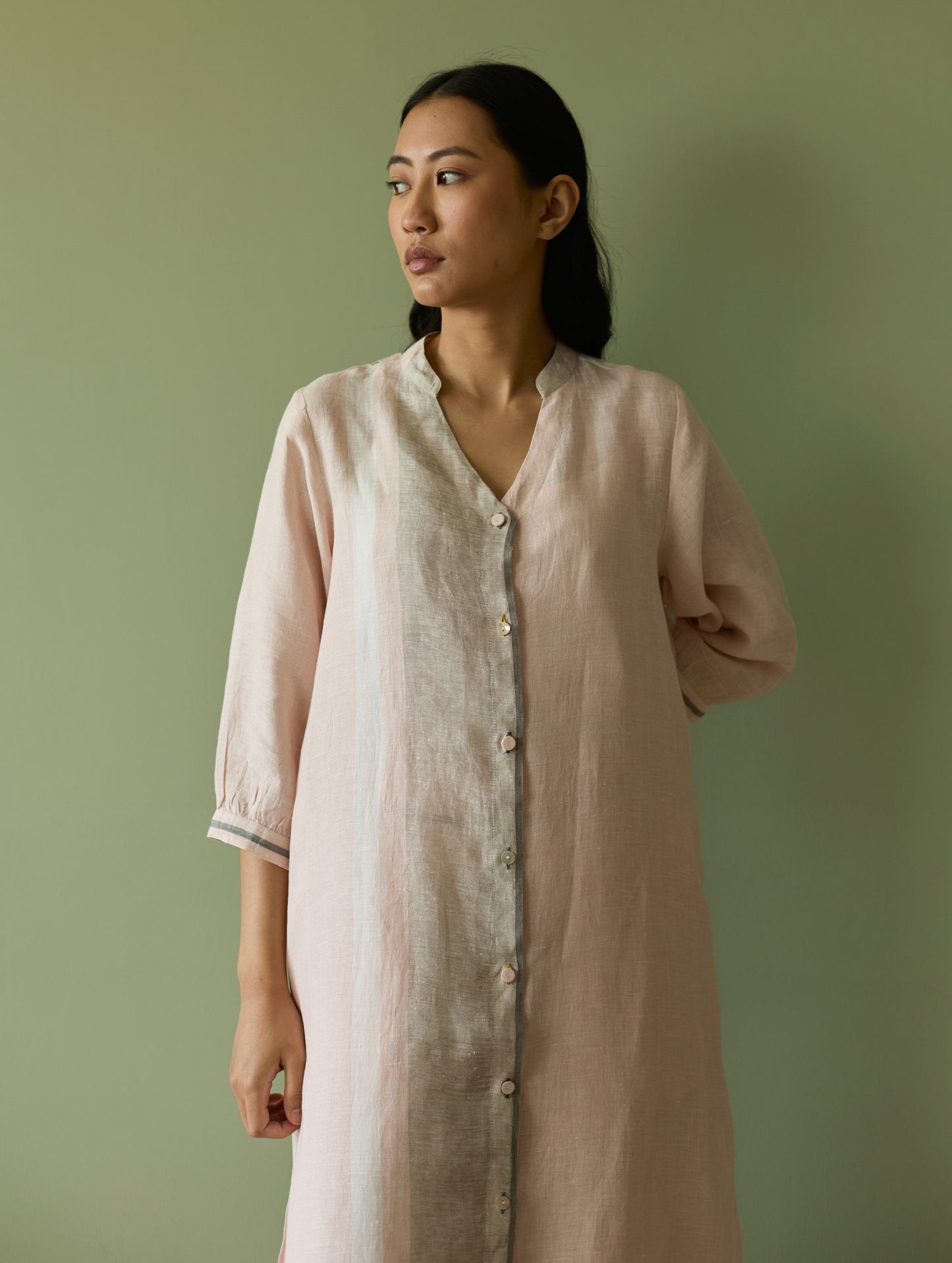 Mori Border Linen Shirt Kurta Set - Blush