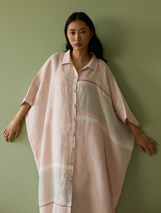Bora Colour-Blocked Linen Kaftan Set - Blush