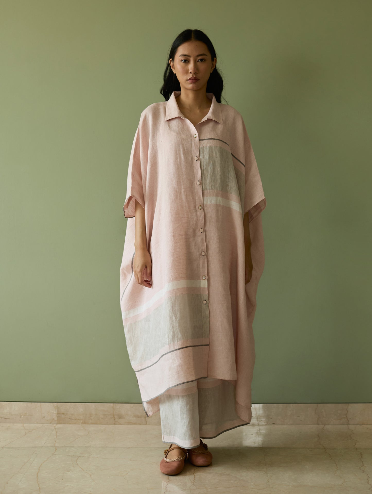 Bora Colour-Blocked Linen Kaftan Set - Blush