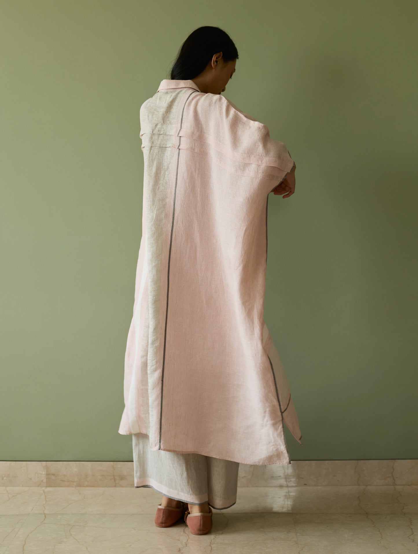 Bora Colour-Blocked Linen Kaftan Set - Blush