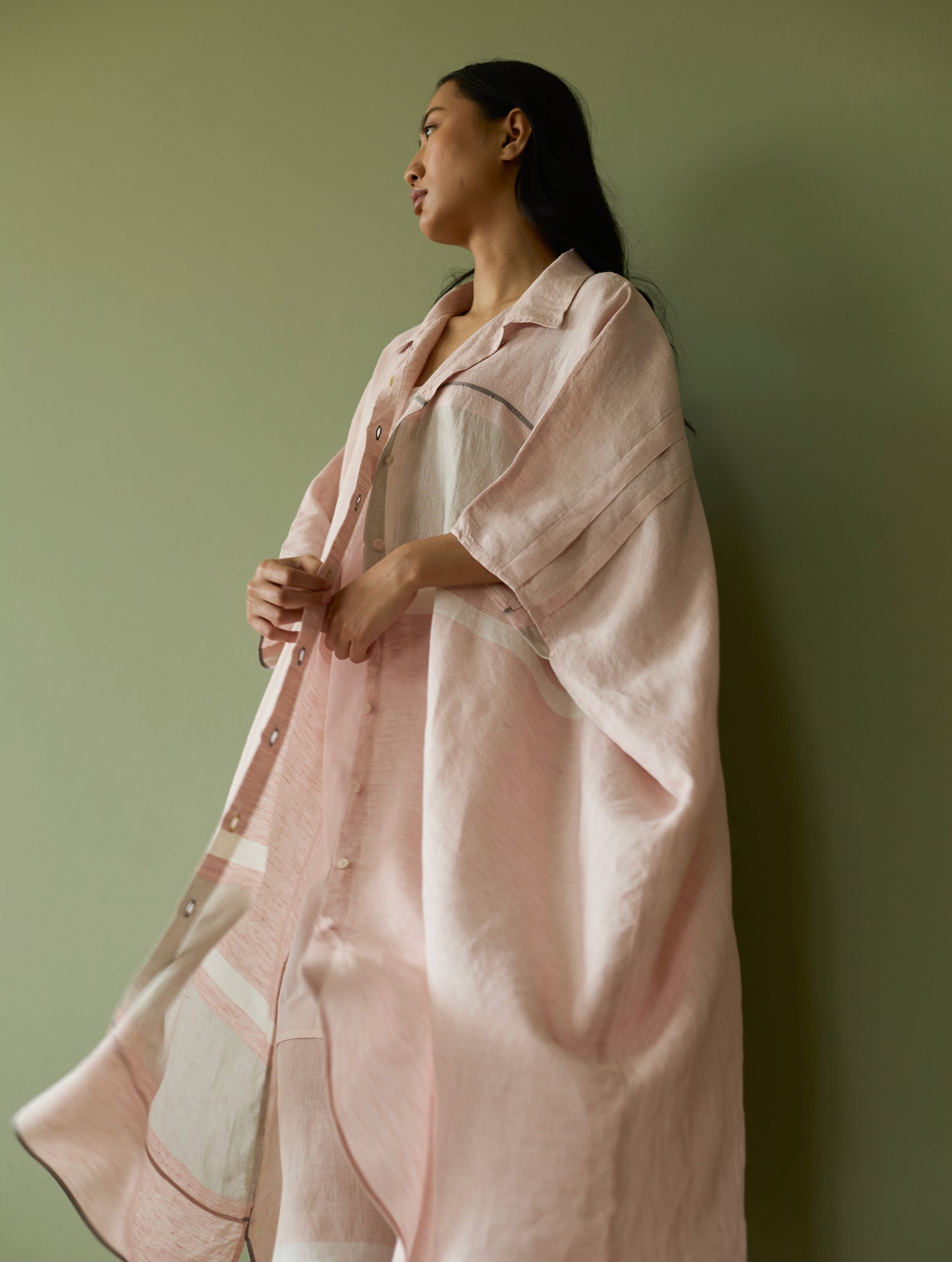 Bora Colour-Blocked Linen Kaftan Set - Blush