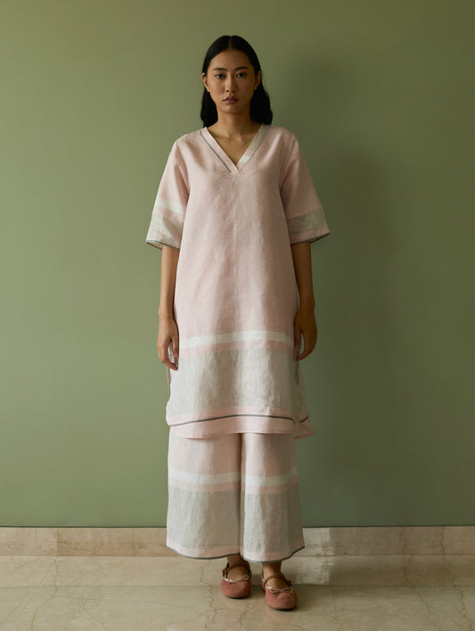 Iva Pleated Border Linen Kurta Set - Blush
